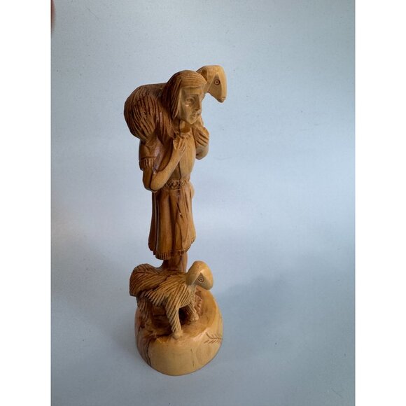 Vintage Hand Carved Olive Wood "The Good Shepherd" Figurine 7" - Picture 5 of 8